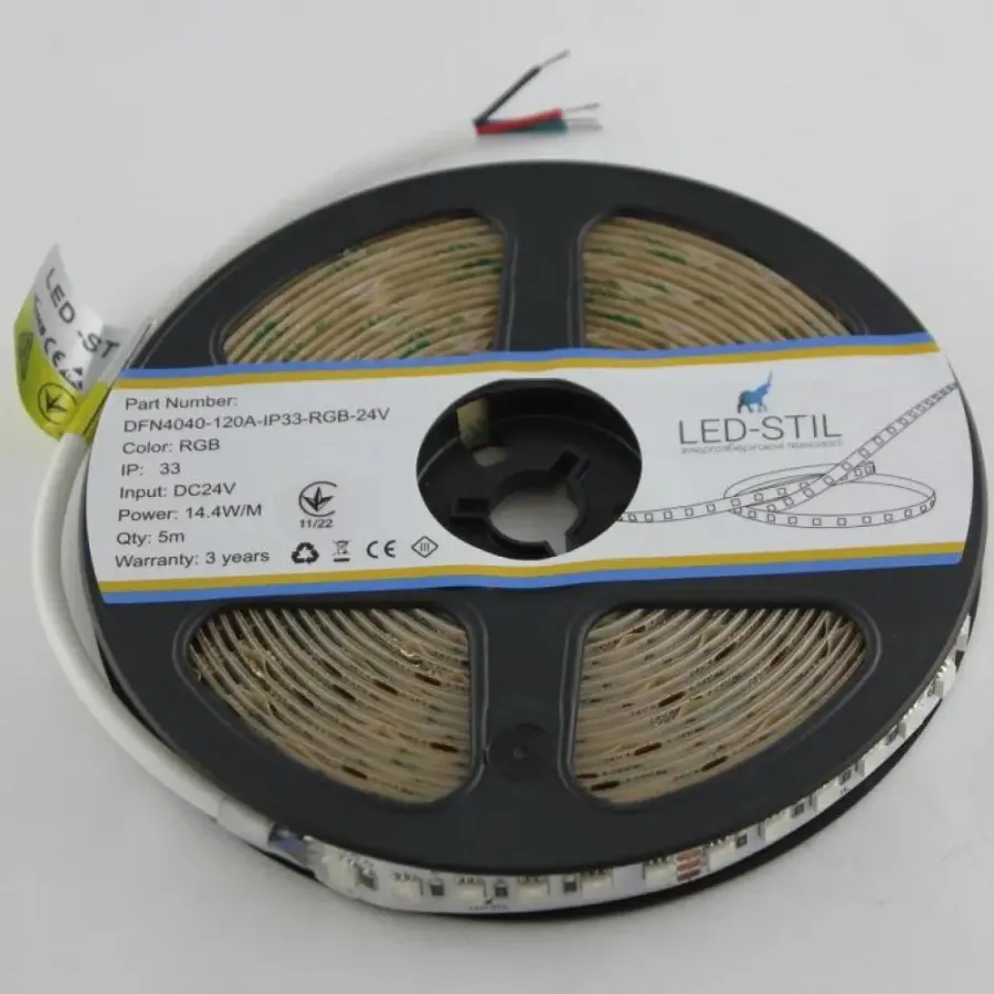Лед стрічка led-stil DFN4040-120A-IP33-RGB-24V 120-4040-24V-IP33 14,4W RGB CRI 85+