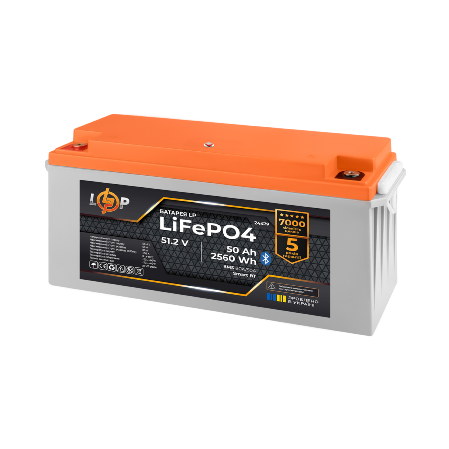 Акумулятор LP LiFePO4 51,2V - 50 Ah (2560Wh) (BMS 80A/50А) пластик Smart BT