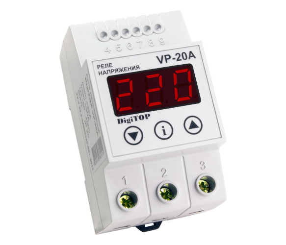 Захисне реле напруги однофазне VP-20A на DIN-рейку, 20А, 4400Вт, 120-270В, тримодульне з індикатором напруги (червоний)