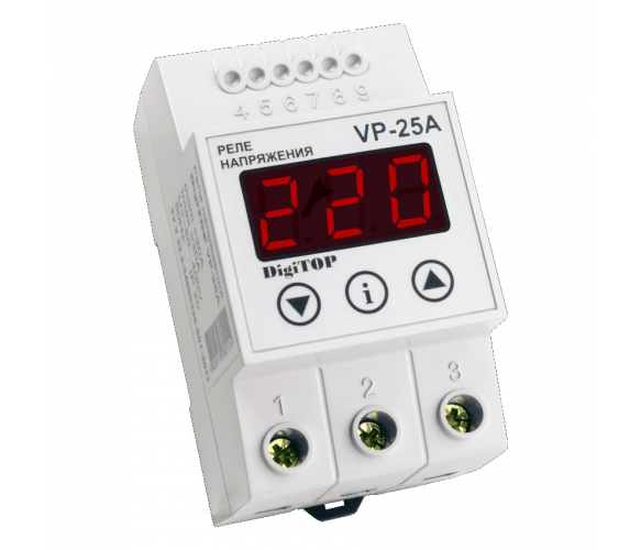 Защитное реле напряжения однофазное VP-25A на DIN-рейку, 25А, 5500Вт, 120-270В, трехмодульное с индикатором напряжения (красный)