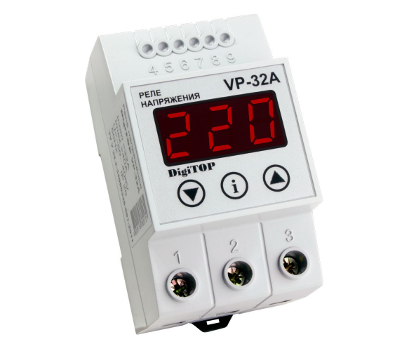 Захисне реле напруги однофазне VP-32A на DIN-рейку, 32А, 7000Вт, 120-270В, тримодульне з індикатором напруги (червоний)