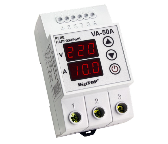 Захисне реле з контролем струму та напруги VA-50A на DIN-рейку, 50А, 1100Вт, 120-270В, тримодульне (червоний індикатор)