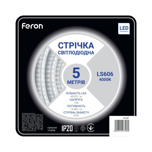 Лед стрічка FERON 12В LS606 5050-60 14,4Вт 4000К IP20