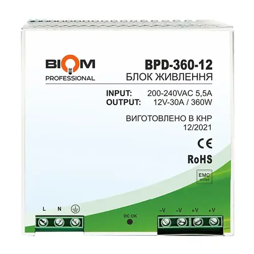 Блок живлення BIOM 12В 360Вт 30A IP20 BPD-360-12 на DIN-рейку