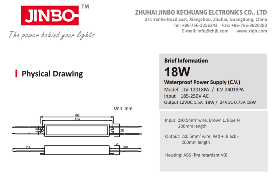 Блок живлення JINBO 12В 18Вт 1,5А IP67 JLV-12018PA пласт.