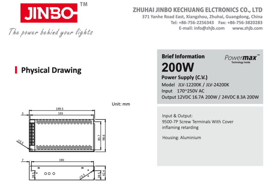 Блок живлення JINBO 12В 200Вт 16,7А IP20 JLV-12200K мет. перф.