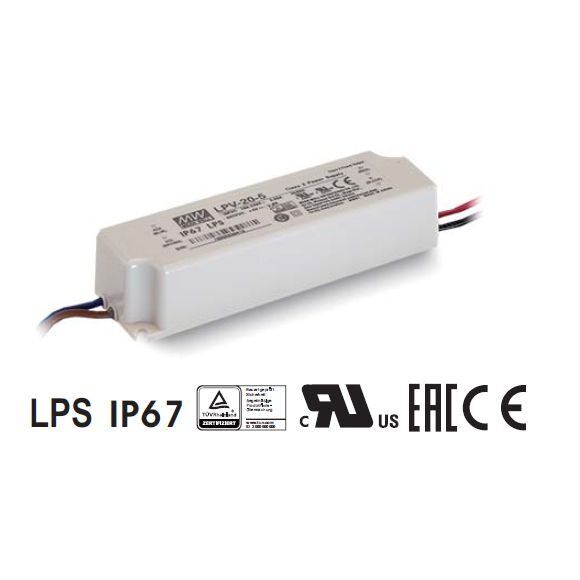 Блок питания 12В 20Вт 1,67А IP67 LPV-20-12 пластиковый корпус