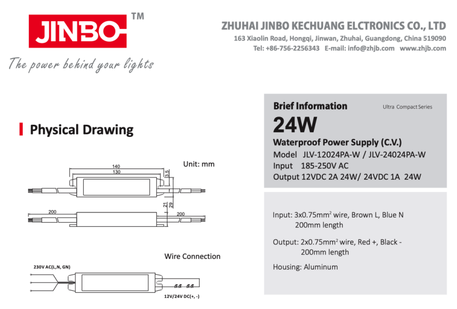 Блок живлення JINBO 12В 24Вт 2A IP67 JLV-12024KA-W мет. герм.