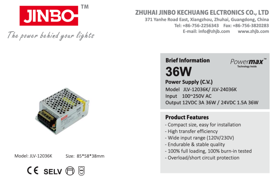 Блок живлення JINBO 24В 36Вт 1,5А IP20 JLV-24036K мет. перф.