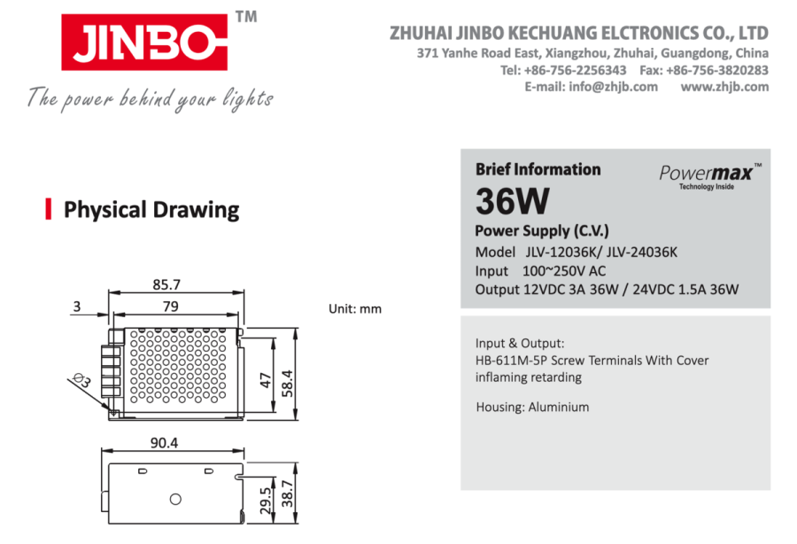 Блок живлення JINBO 24В 36Вт 1,5А IP20 JLV-24036K мет. перф.