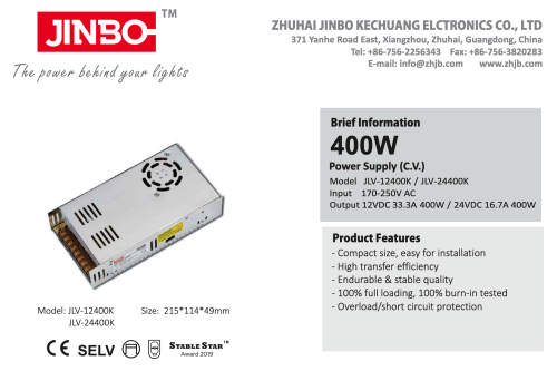 Блок живлення JINBO 24В 400Вт 16,7А IP20 JLV-24400K мет.