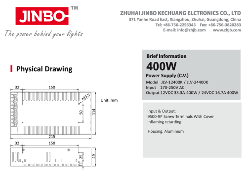 Блок живлення JINBO 24В 400Вт 16,7А IP20 JLV-24400K мет.
