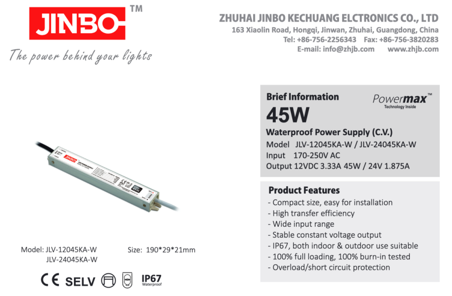Блок живлення JINBO 24В 45Вт 1,87А IP67 JLV-24045KA-W мет. герм.