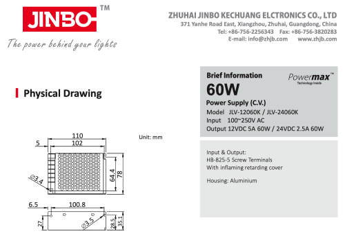 Блок живлення JINBO 24В 60Вт 2,5А IP20 JLV-24060K мет. перф.