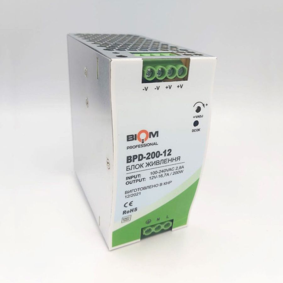Блок живлення BIOM 12В 200Вт 16,7A IP20 BPD-200-12 на DIN-рейку