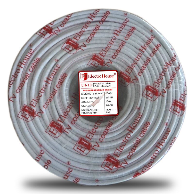 Кабель коаксіальний RG-6U 100% обміднена сталь 1.02 ПВХ, білий, 100 м