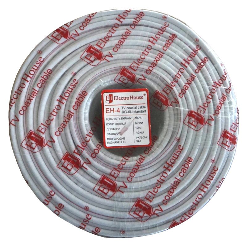 Кабель коаксіальний RG-6U 100% обміднена сталь 1.02 ПВХ, білий, 100 м
