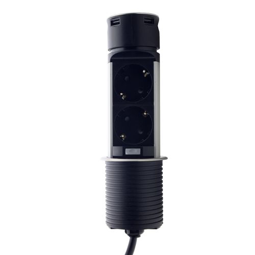 Меблева розетка вертикальна 2х16А, 2хUSB 2.4А, сріблястий металік