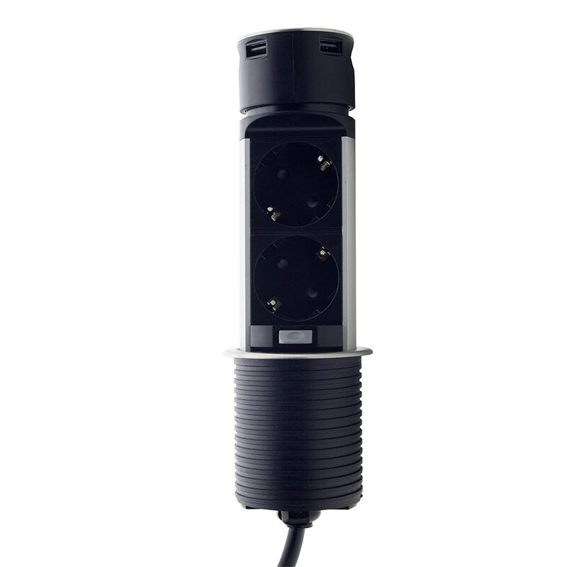 Меблева розетка вертикальна 2х16А, 2хUSB 2.4А, сріблястий металік
