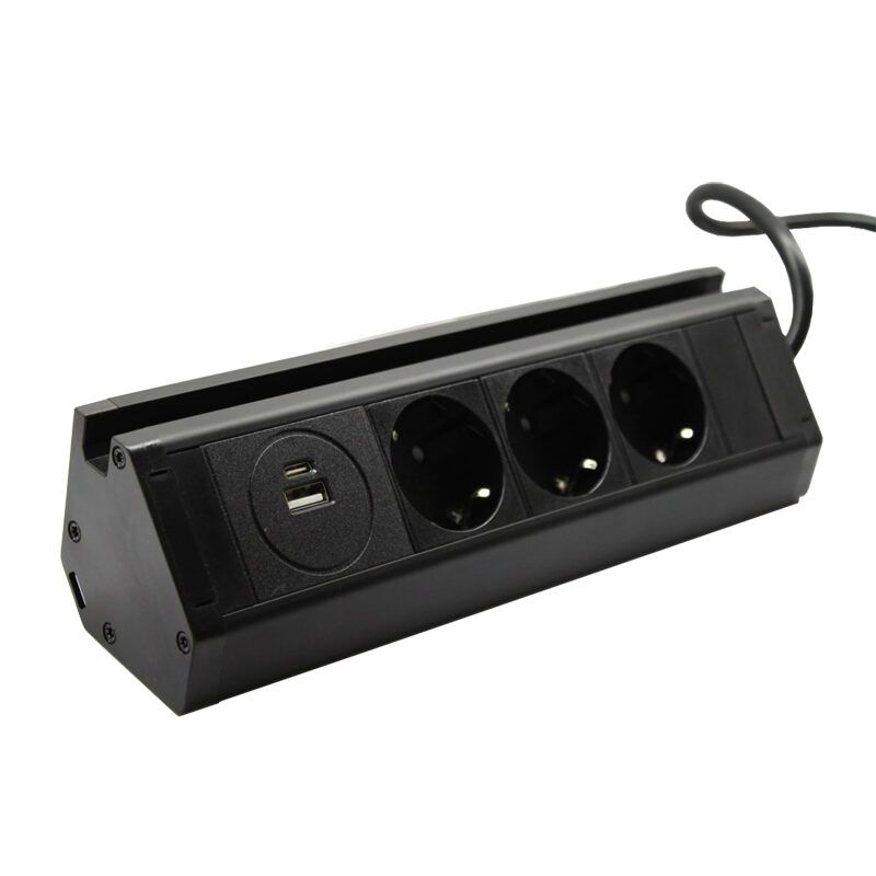 Меблева розетка кухонна горизонтальна з кабелем 3x16А, USB A+C 3.4А, чорний