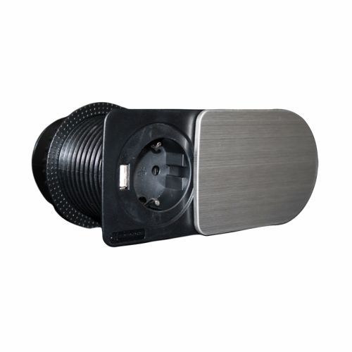 Меблева розетка компактна 1х16А, 1хUSB 2.1А, сріблястий металік, чорний