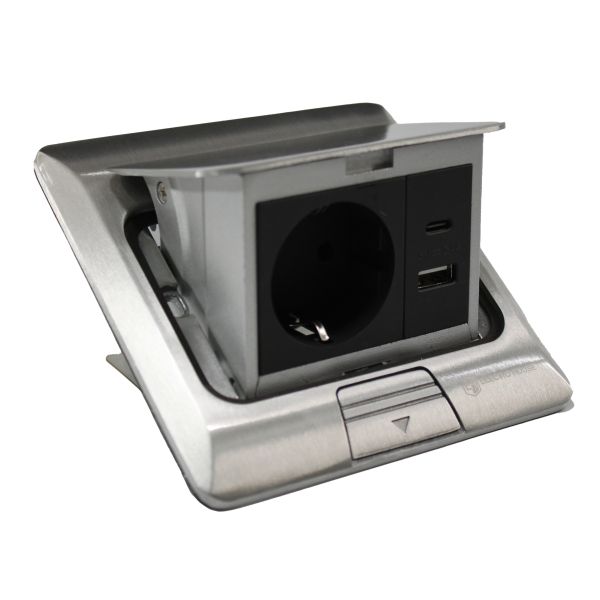 Розетка для підлоги з заземленням врізна 16А + 2USB (type C+A) 2.4А, IP44, алюміній
