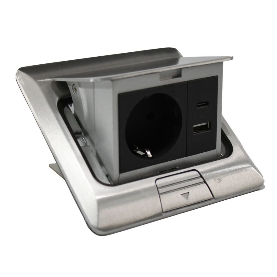 Розетка для підлоги з заземленням врізна 16А + 2USB (type C+A) 2.4А, IP44, алюміній