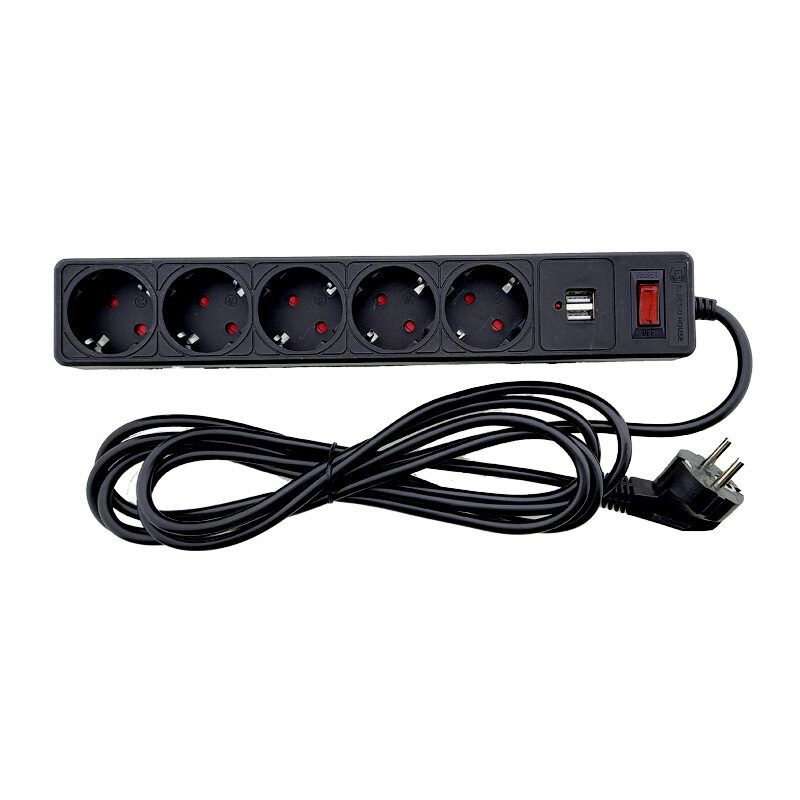 Мережевий фільтр із заземленням 5 гнізд + 2USB, 3 м, чорний, захисні шторки