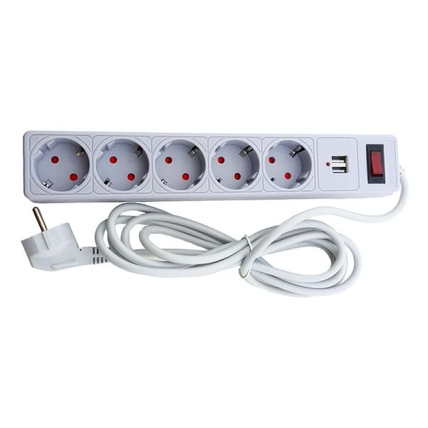 Мережевий фільтр із заземленням 5 гнізд + 2USB, 3 м, сірий, захисні шторки