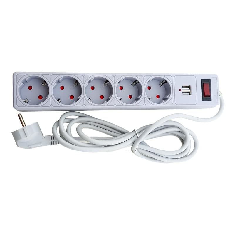 Мережевий фільтр із заземленням 5 гнізд + 2USB, 3 м, сірий, захисні шторки