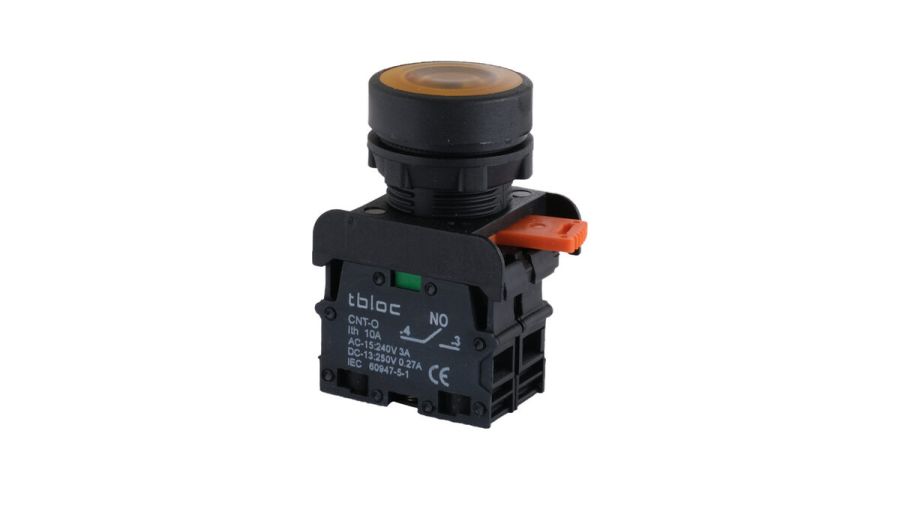 Кнопка без фіксації з підсвічуванням TBLOC жовта PSRL-1O 220 (1NO+LED)