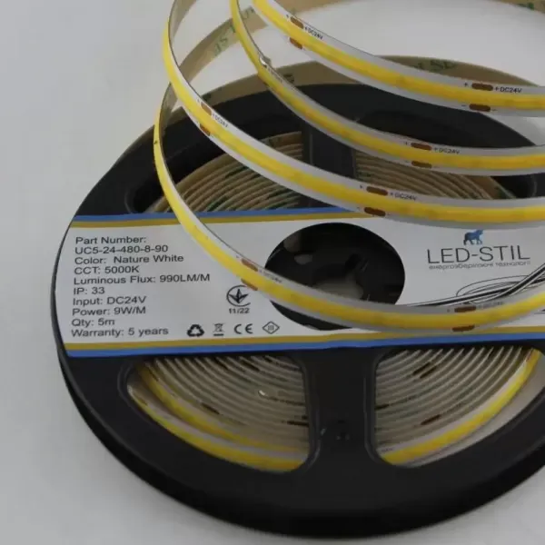 LED лента UC5-24-480-8-90 480-COB-24V-IP33 9W 990Лм 5000K CRI 90+