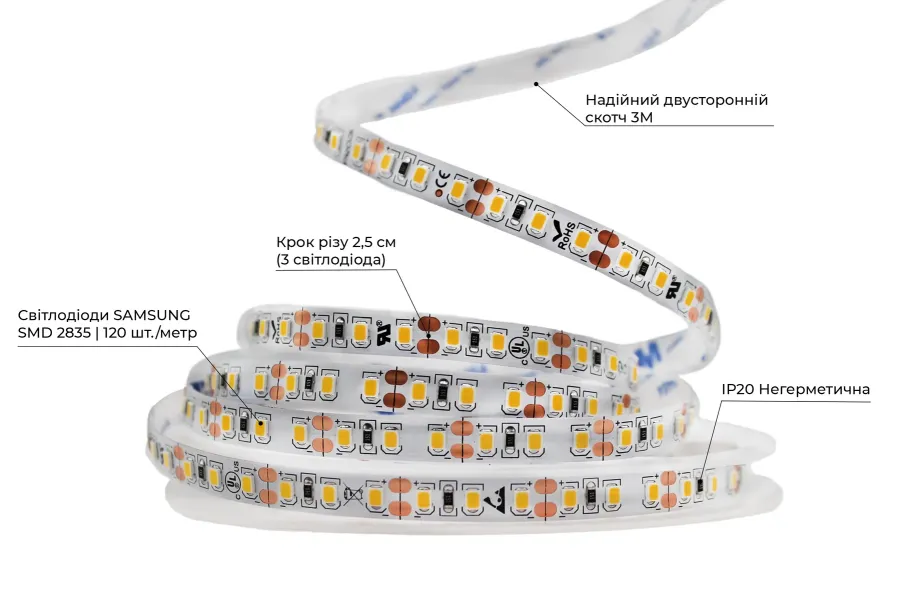 Світлодіодна LED стрічка PROLUM™ 12V; 2835\120; IP20; Series "SG", Тепло-Білий (2800-3200K)