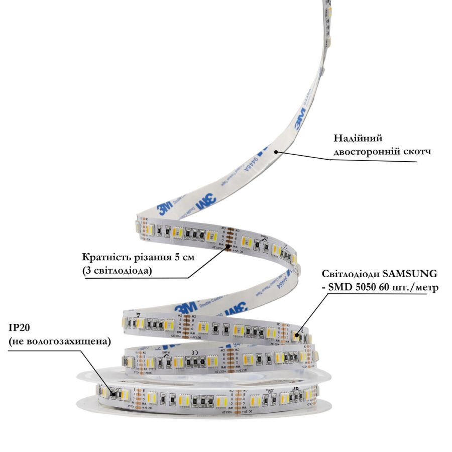 Світлодіодна LED стрічка PROLUM™ 12V; 5050\60; IP20; Series "PRO", RGB + CCT