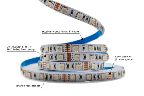 Світлодіодна LED стрічка PROLUM™ 5V; 5050\60; IP20; Series "S", RGB