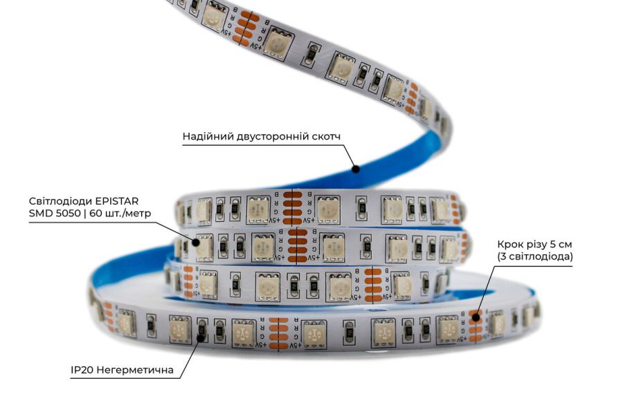 Світлодіодна LED стрічка PROLUM™ 5V; 5050\60; IP20; Series "S", RGB