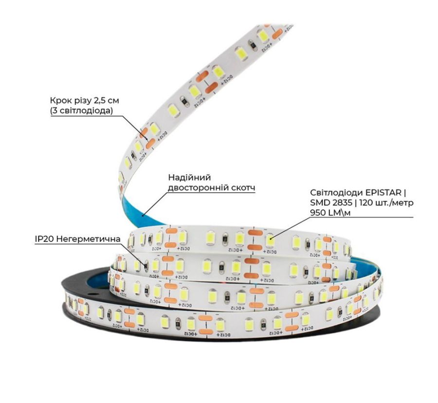 Світлодіодна LED стрічка PROLUM™ 12V; 2835\120; IP20; Series "S", Холодний-білий (9000-10000К)