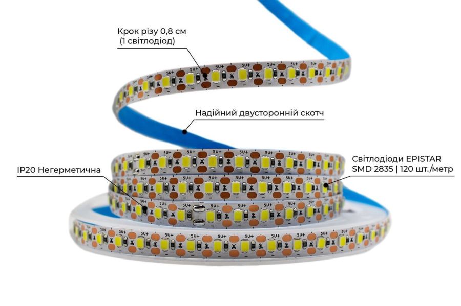Світлодіодна LED стрічка PROLUM™ 5V; 2835\120; IP20; Series "S", Тепло-Білий (2800-3200K)