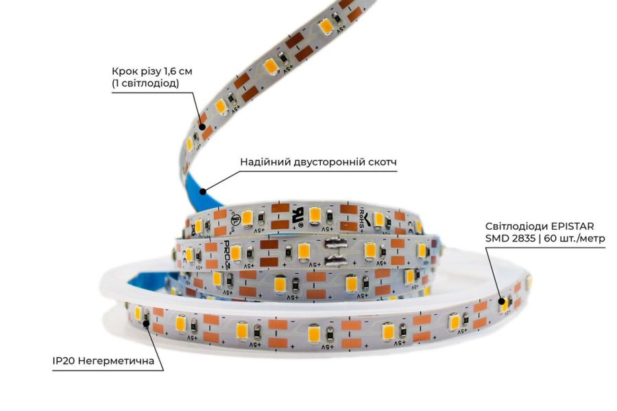 Світлодіодна LED стрічка PROLUM™ 5V; 2835\60; IP20; Series "S", Тепло-Білий (2800-3200K)