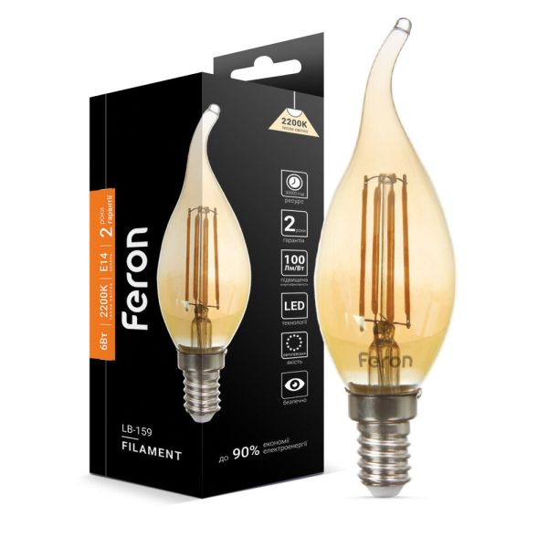 10шт Светодиодная лампа 220В LB-159 6Вт E14 Белый Теплый 2200K Декоративнаяя Filament золото