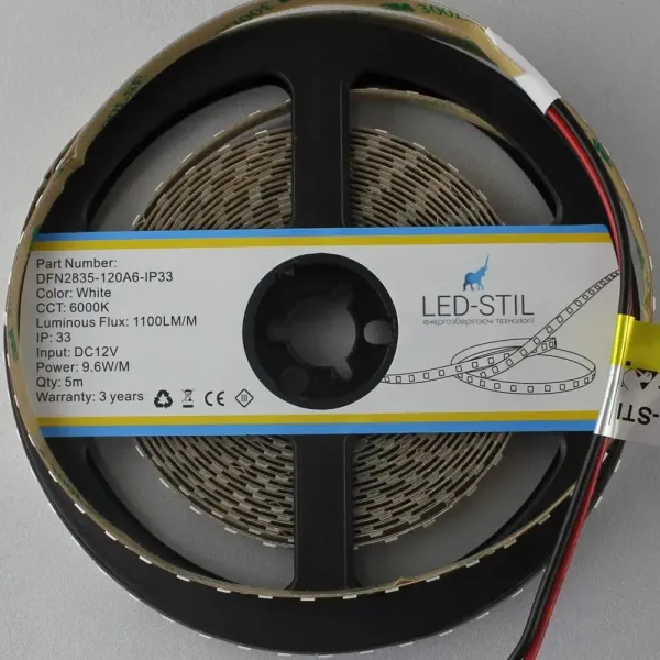 Лед стрічка led-stil DFN2835-120A6-IP33-24V 2835-120V-IP33 9,6W 1100Лм 6000K CRI 80
