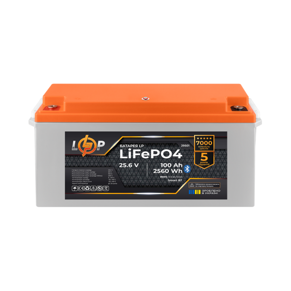 Аккумулятор LP LiFePO4 25,6V - 100 Ah (2560Wh) (BMS 100A/50А) пластик Smart BT