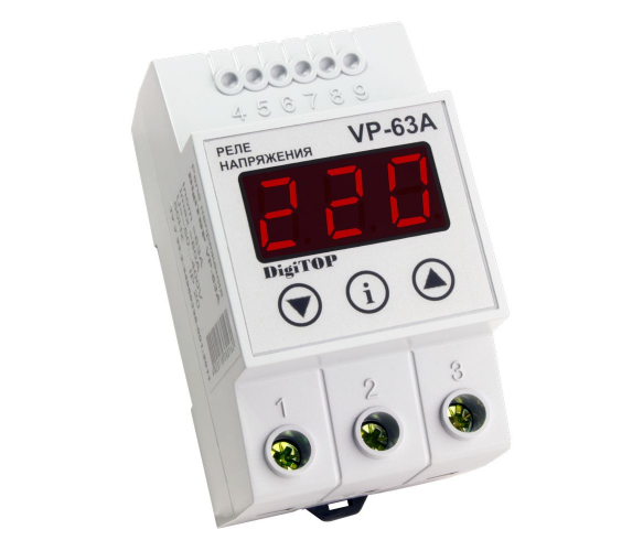 Захисне реле напруги однофазне VP-63A на DIN-рейку, 63А, 13500Вт, 120-270В, тримодульне з індикатором напруги (червоний)