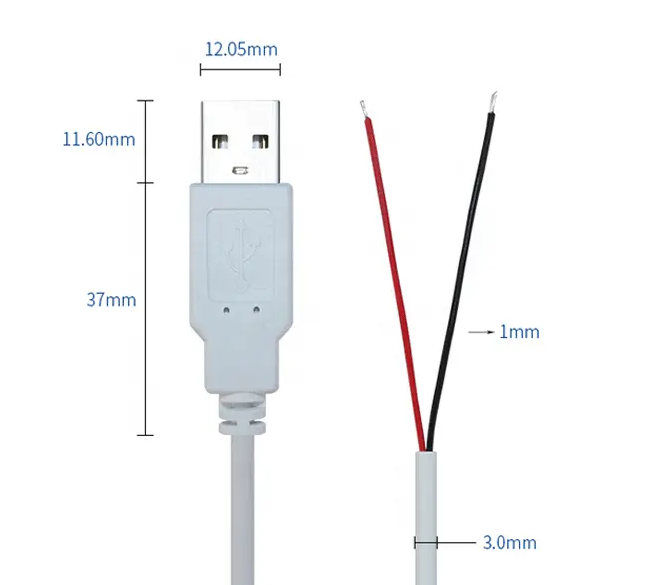 Кабель USB 2.0 для подключения светодиодной ленты на 5В до павербанка - 1м или 2м Белый
