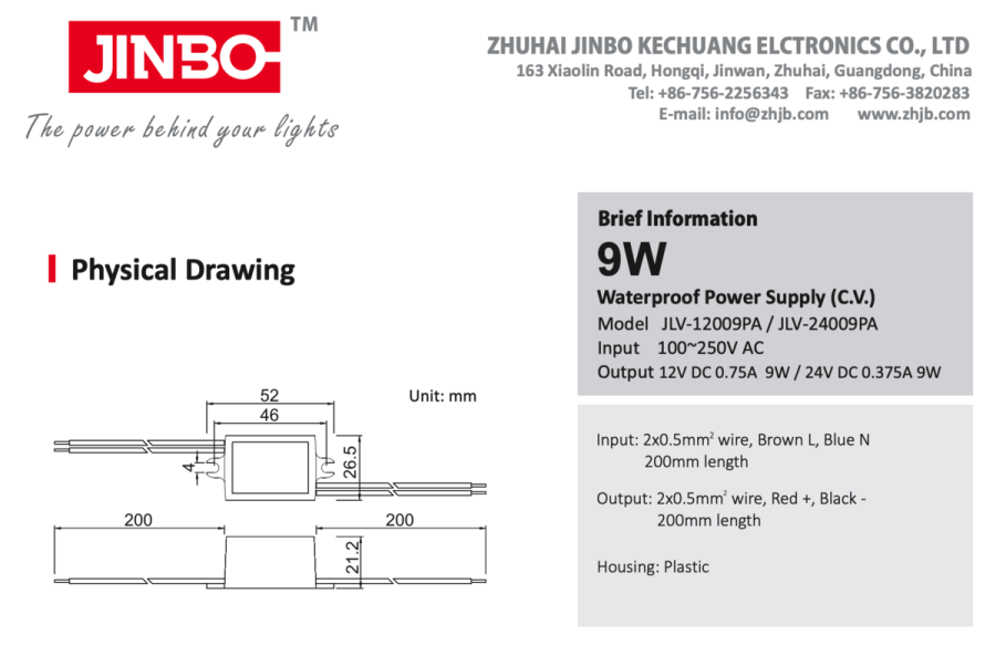 Блок живлення JINBO 12В 9Вт 0,75А IP67 JLV-12009PA пласт.
