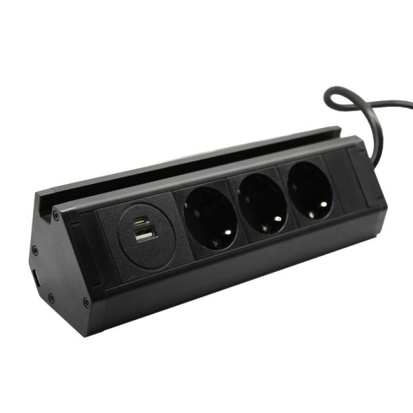 Меблева розетка кухонна горизонтальна з кабелем 3x16А, USB A+C 3.4А, чорний