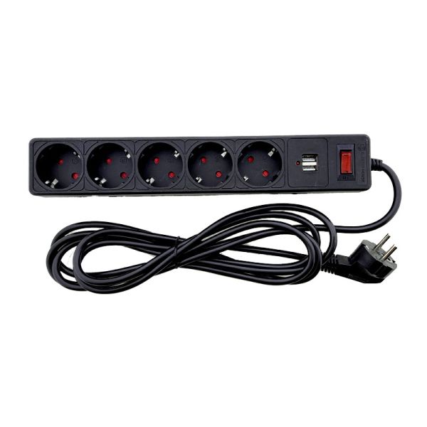 Мережевий фільтр із заземленням 5 гнізд + 2USB, 3 м, чорний, захисні шторки