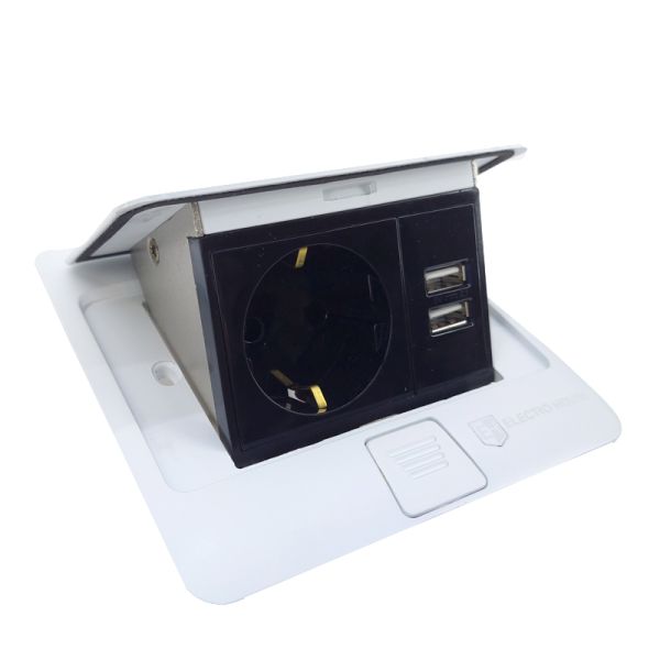 Розетка для підлоги з заземленням врізна 16А + 2USB 2.1А, IP44, білий