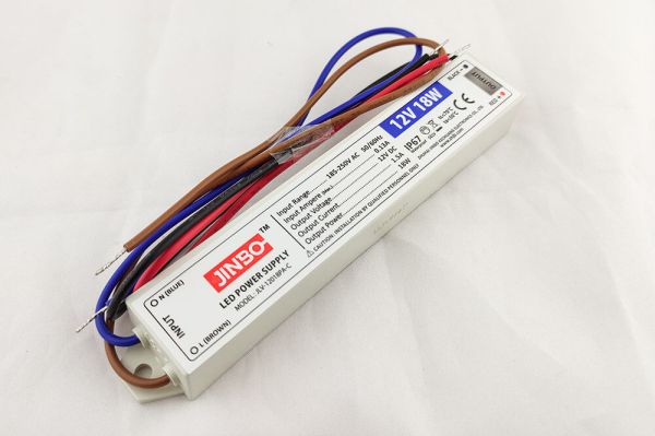 Блок живлення JINBO 12В 18Вт 1,5A IP67 JLV-12018PA пласт. герм. (дріт 30см)