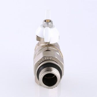 VT.228.NRW.04 Кран кульовий BASE кутовий з полусгоном 1/2" внутрішня-зовнішня с доп. упл. (біла рукоятка)